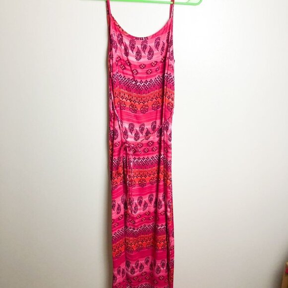 Vintage 90s No Boundaries Pink Tie Waist Colorful Aztec Printed Maxi Dress small - Picture 6 of 9